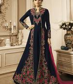 Pure georgette fabrics party wear gown in blue color with embroidery work