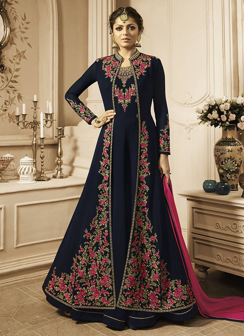 Pure georgette fabrics party wear gown in blue color with embroidery work