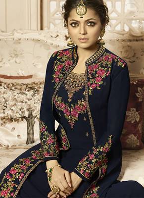 Pure georgette fabrics party wear gown in blue color with embroidery work 2