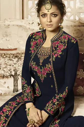Pure georgette fabrics party wear gown in blue color with embroidery work