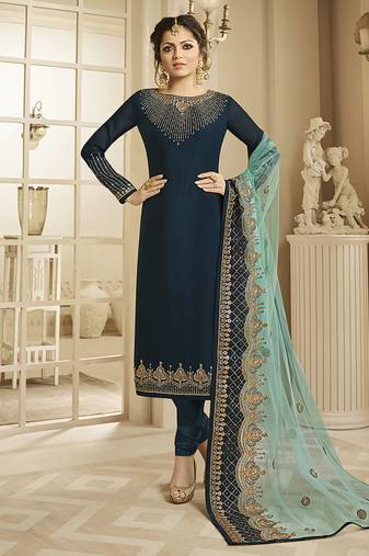 Pure silk party wear salwar suit in teal color with embroidery & crystal stone work