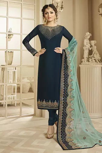 Pure silk party wear salwar suit in teal color with embroidery & crystal stone work