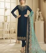 Pure silk party wear salwar suit in teal color with embroidery & crystal stone work