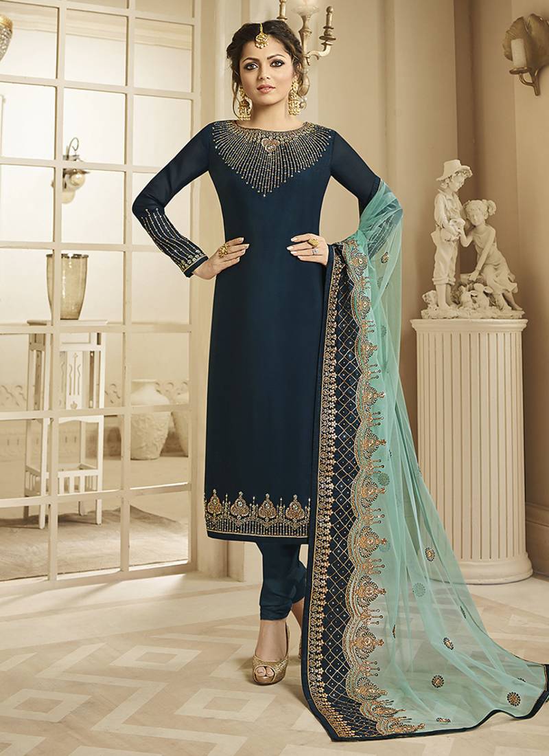 Pure silk party wear salwar suit in teal color with embroidery & crystal stone work