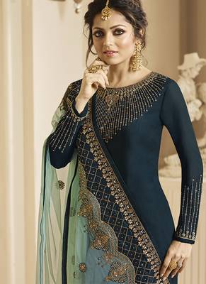 Pure silk party wear salwar suit in teal color with embroidery & crystal stone work 2