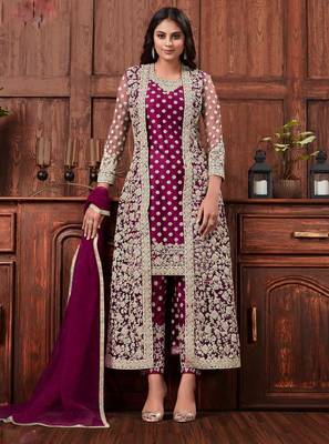 Butterfly net fabric party wear suit in wine color with embroidery & crystal stone work 1