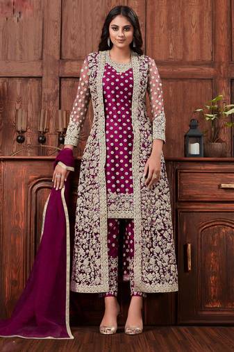 Butterfly net fabric party wear suit in wine color with embroidery & crystal stone work