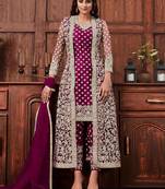 Butterfly net fabric party wear suit in wine color with embroidery & crystal stone work