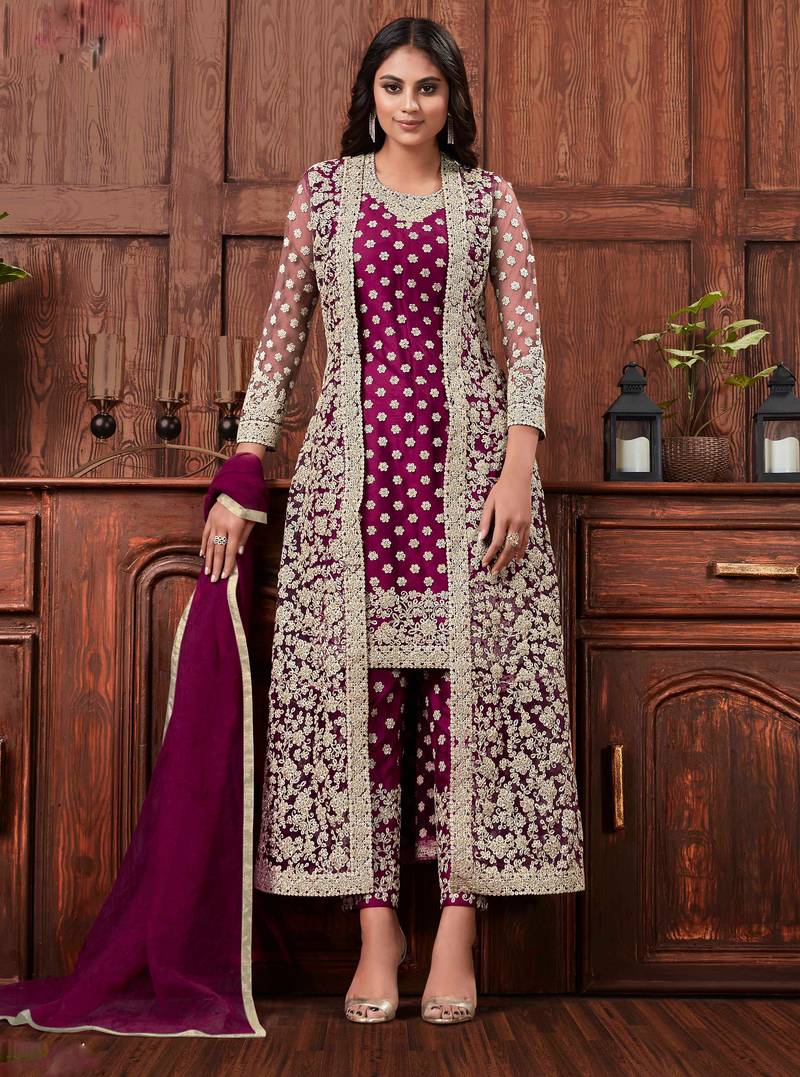 Butterfly net fabric party wear suit in wine color with embroidery & crystal stone work