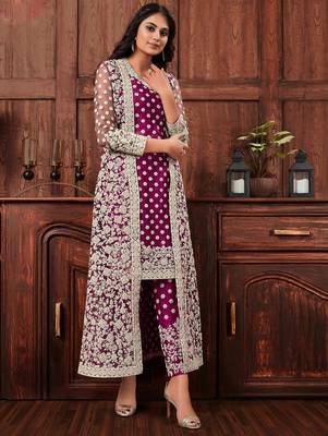 Butterfly net fabric party wear suit in wine color with embroidery & crystal stone work 3