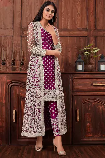 Butterfly net fabric party wear suit in wine color with embroidery & crystal stone work