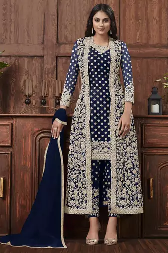 Butterfly net fabric party wear suit in blue color with embroidery & crystal stone work