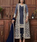 Butterfly net fabric party wear suit in blue color with embroidery & crystal stone work