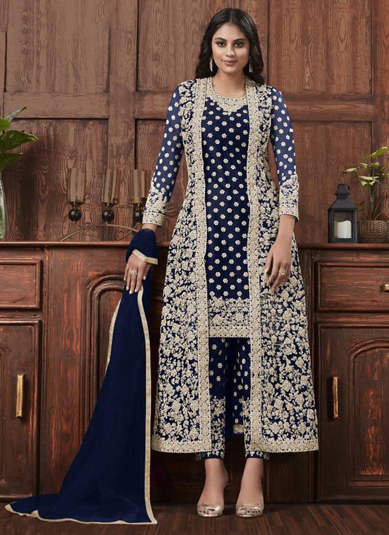 Butterfly net fabric party wear suit in blue color with embroidery & crystal stone work