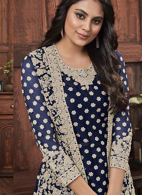 Butterfly net fabric party wear suit in blue color with embroidery & crystal stone work 2