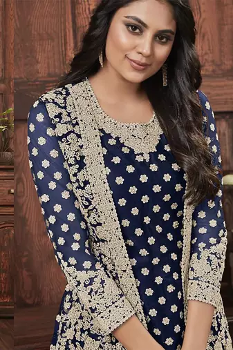 Butterfly net fabric party wear suit in blue color with embroidery & crystal stone work