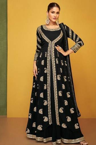 Real georgette party wear 3 pcs set  black color with embroidery work