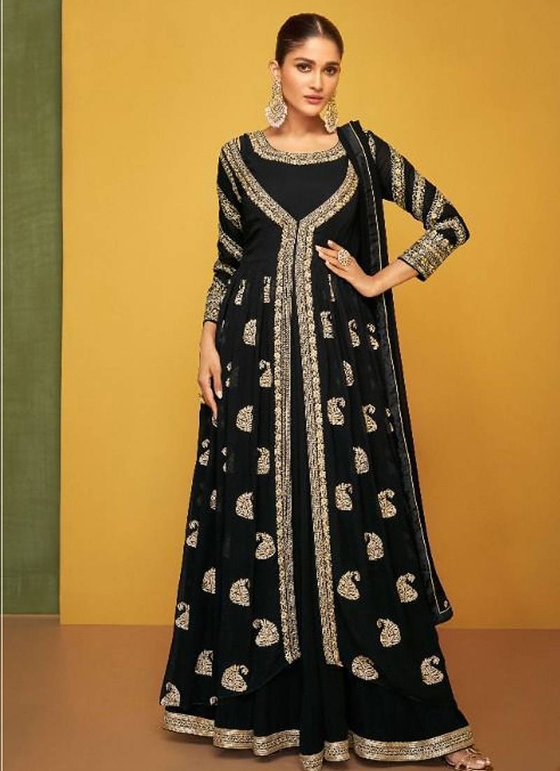 Real georgette party wear 3 pcs set  black color with embroidery work