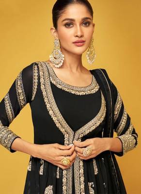 Real georgette party wear 3 pcs set  black color with embroidery work 2