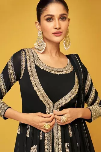 Real georgette party wear 3 pcs set  black color with embroidery work