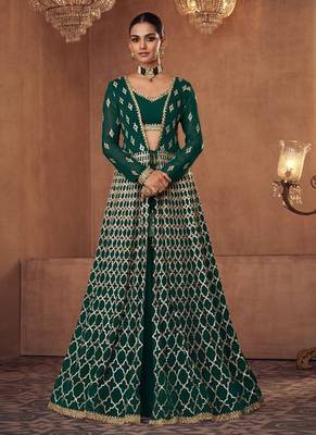 Real georgette party wear 3 pcs set green color with embroidery work 1