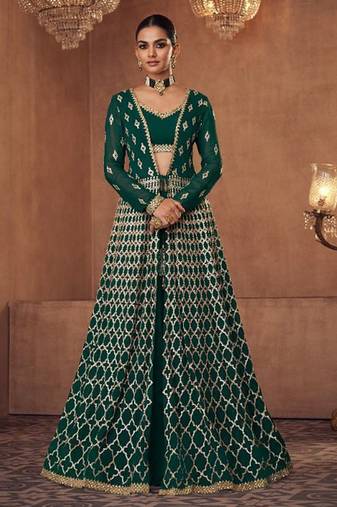 Real georgette party wear 3 pcs set green color with embroidery work