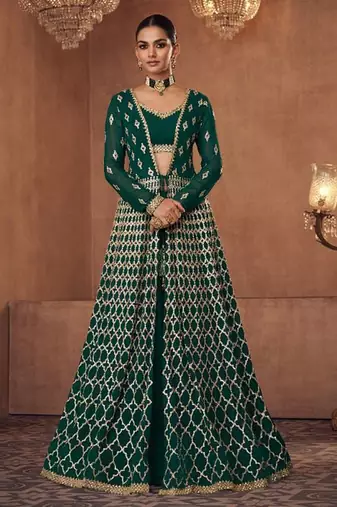 Real georgette party wear 3 pcs set green color with embroidery work