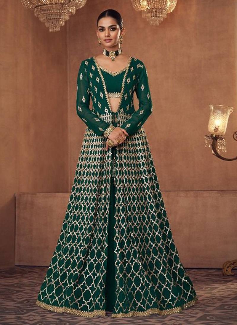 Real georgette party wear 3 pcs set green color with embroidery work