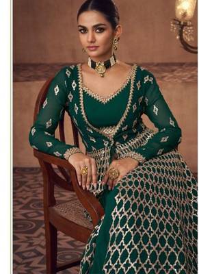 Real georgette party wear 3 pcs set green color with embroidery work 2