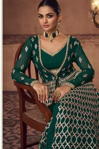 Real georgette party wear 3 pcs set green color with embroidery work