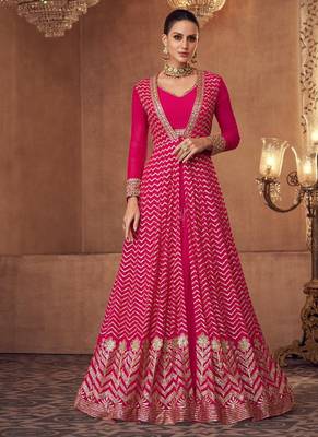 Real georgette party wear 3pcs pink color with embroidery work 1