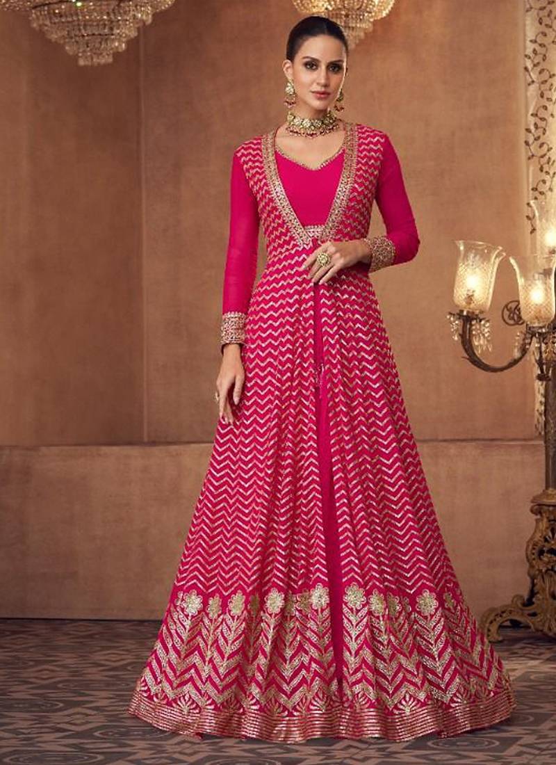 Real georgette party wear 3pcs pink color with embroidery work