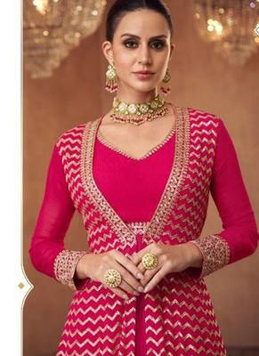 Real georgette party wear 3pcs pink color with embroidery work 3