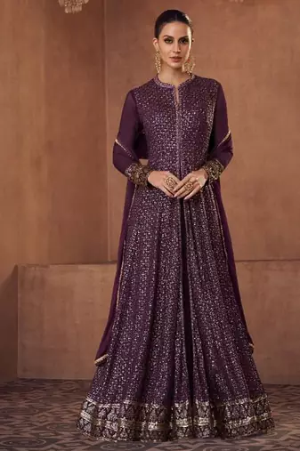 Real georgette party wear gown violet color with embroidery work