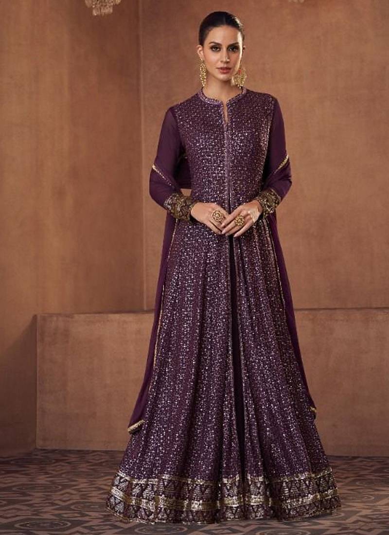 Real georgette party wear gown violet color with embroidery work