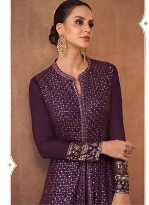 Real georgette party wear gown violet color with embroidery work 2