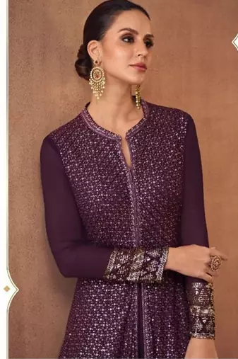 Real georgette party wear gown violet color with embroidery work