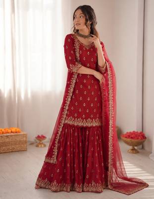 Maroon chinon silk thread with sequin sharara suit 2