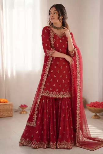 Maroon chinon silk thread with sequin sharara suit