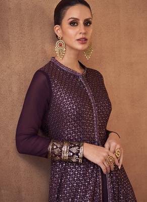 Real georgette party wear gown violet color with embroidery work 3