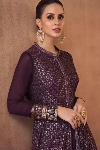 Real georgette party wear gown violet color with embroidery work