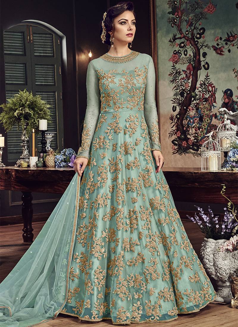 Soft premium net party wear readymade gown in turquoise color with zari with stone work