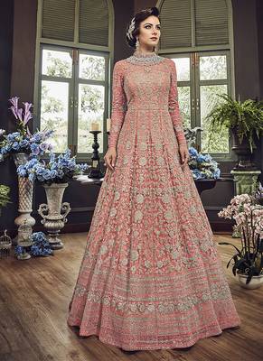 Soft premium net wedding wear gown in pink color with embroidery & stone work 1