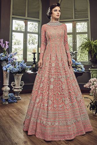 Soft premium net wedding wear gown in pink color with embroidery & stone work
