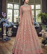 Soft premium net wedding wear gown in pink color with embroidery & stone work
