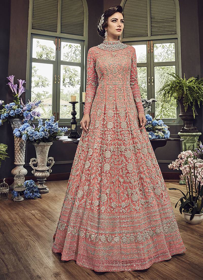 Soft premium net wedding wear gown in pink color with embroidery & stone work