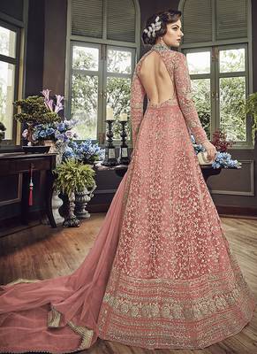 Soft premium net wedding wear gown in pink color with embroidery & stone work 2