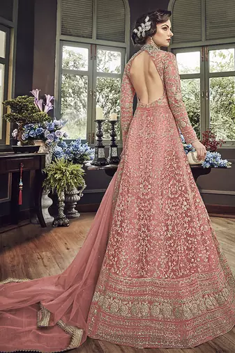 Soft premium net wedding wear gown in pink color with embroidery & stone work