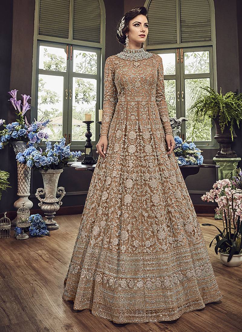 Soft premium net wedding wear gown in light brown color with embroidery & stone work