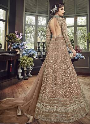 Soft premium net wedding wear gown in light brown color with embroidery & stone work 2
